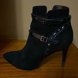 Suede high heeled booty with buckles and studded detail by Carlos Santana